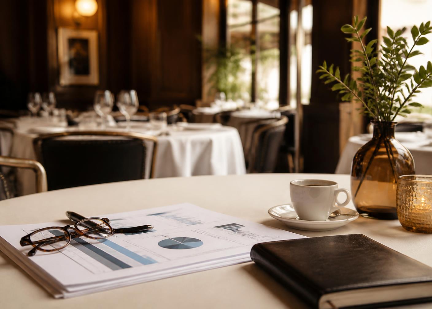Een gedrukt rapport op tafel in een restaurant